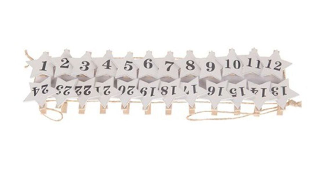 Adventskalenderklammergirland WEISS 30469 Zahlen 1-24 Stern: 4cm Klammer:3,5 cm