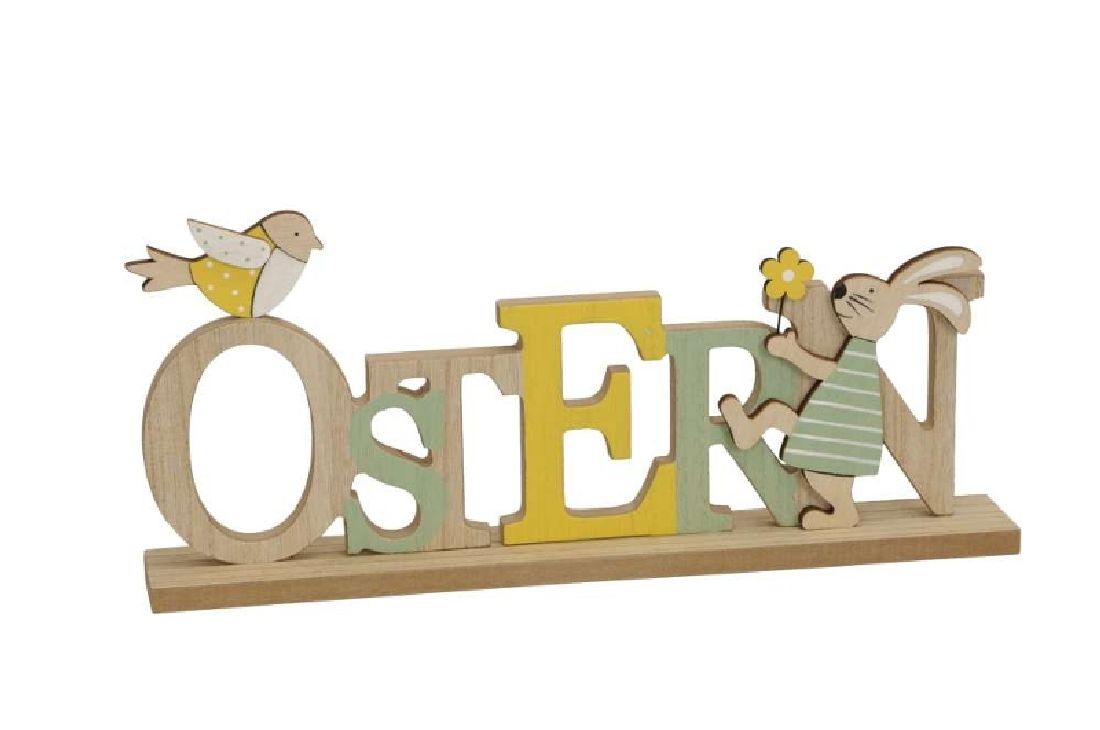 Schriftzug OSTERN natur-gelb-grün-weiss Holz 30x4,5x13,5cm mit Hase