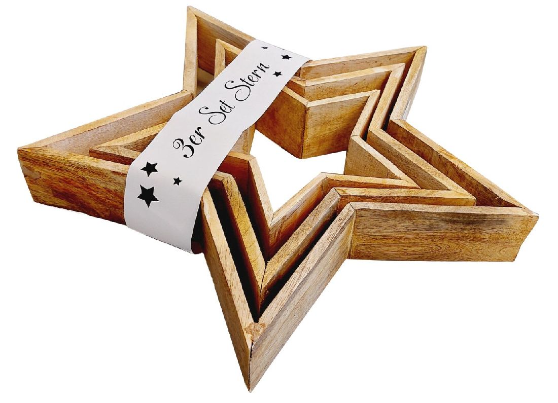 Holzstern Mika S/3 natur 49794 20x6cm + 29x6cm + 39x7cm